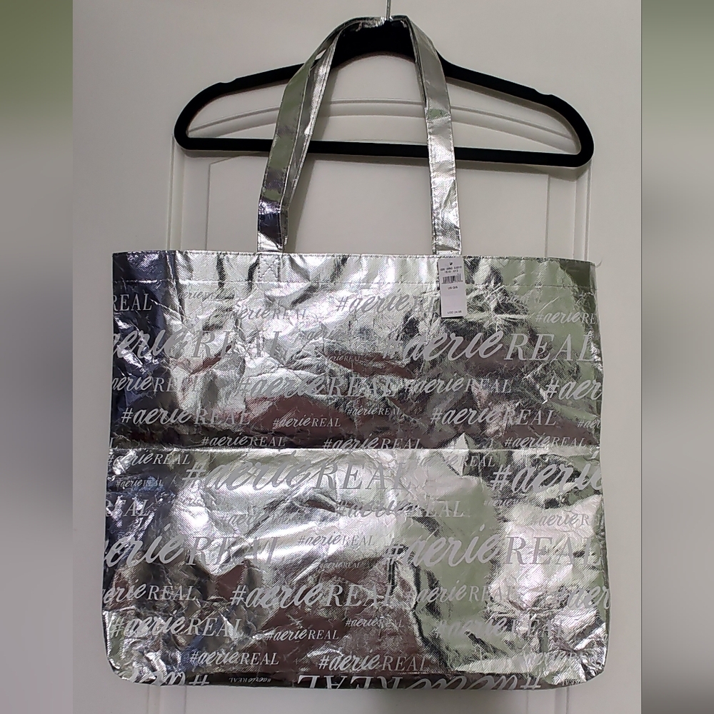 Aerie Silver Metallic Tote Bag with Reflective Finish